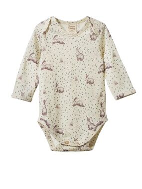 Long-Sleeve Cream Merino Bunny Print One-Piece Bodysuit with Matching Hat